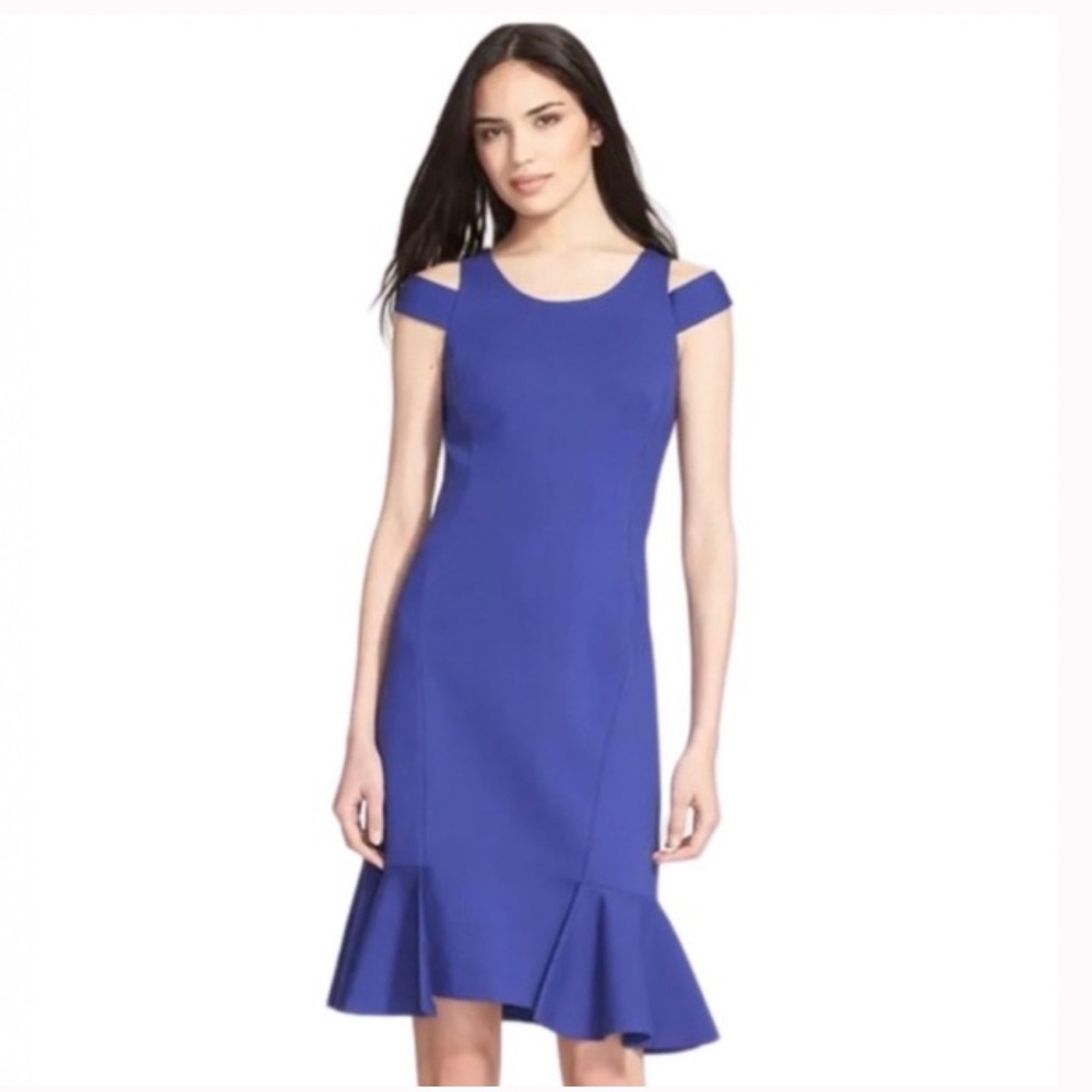 Rebecca Taylor Ponte Knit Off/ Cold Shoulder Peplum Dress blue purple size 8
